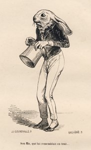 Ängstlicher Hase im Dandy-Kostüm. Illustrierte Vignetten von JJ Granville. Gravur signiert Breviere im Teil "Geschichte eines Hasen" geschrieben von PJ Stahl in "Szenen aus dem privaten und öffentlichen Leben der Tiere". Paris, J. Hetzel et Paulin