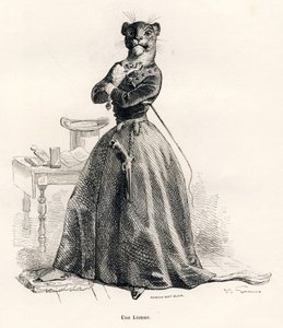 Löwin mit einer Pistole und einer Peitsche. Vignetten illustriert von JJ Granville. Gravur signiert von Andrew, Best und Leloir im Teil "Reise eines Löwen aus Afrika nach Paris" geschrieben von Honoré de Balzac in "Szenen aus dem privaten und öffentlichen  von Grandville