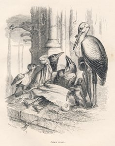 Tod eines Raben neben seiner Familie und einem Storch. Vignetten illustriert von JJ Granville. Gravur signiert Breviere im Teil "Erinnerungen einer alten Krähe" geschrieben von PJ Stahl in "Szenen aus dem privaten und öffentlichen Leben der Tiere". Paris, 