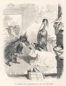 Oper mit einem Stachelschwein, einem Hund und einem Reiher auf der Bühne. Illustrierte Vignetten von JJ Granville. Gravur signiert Godard im Teil "Das erste Feuilleton von Pistolet" geschrieben von Jules Janin in "Szenen aus dem privaten und öffentlichen L