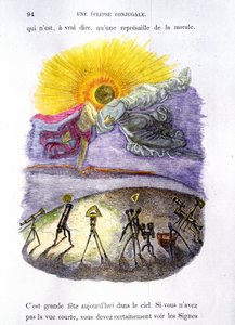 Personifizierte astronomische Instrumente beobachten eine Sonnenfinsternis (Mond und Sonne küssen sich) - in „Andere Welt“ von Grandville