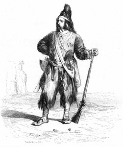 Porträt von Robinson Crusoe auf seiner einsamen Insel mit seinem Gewehr und seinen dazu passenden Waffen am Gürtel - Grandville-Illustration des Romans von Daniel Defoe (De Foe) - Garnier-Ausgabe 1869, S. 155. von Grandville (1803 47)