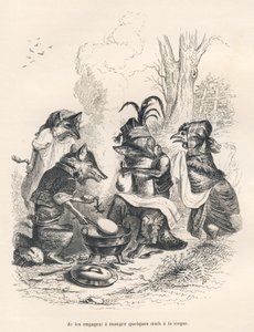 Füchse essen Eier vor einem weinenden Huhn. Vignetten illustriert von JJ Granville. Gravur signiert Godard im Teil "Ein Fuchs in der Falle" geschrieben von Charles Nodier in "Szenen aus dem privaten und öffentlichen Leben der Tiere"