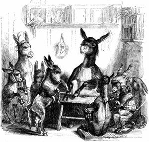 Szene aus "Les animaux peints par eux-memes - Vie privee et publique des animaux" geschrieben von Balzac von Grandville (1803 47)