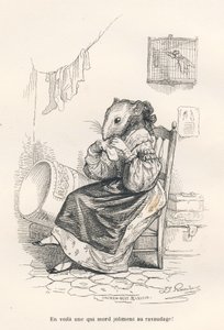 Maus repariert eine Socke. Vignetten illustriert von JJ Granville. Gravur signiert Andrew, Best und Leloir in dem Teil "Der philosophische Ratte" geschrieben von Edouard Lemoine in "Szenen aus dem privaten und öffentlichen Leben der Tiere". Paris, J. Hetze von Grandville