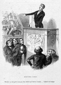 Die Figur des Jérôme Paturot hält sich für Demosthenes, einen athenischen Redner und Politiker, dessen Reden an der Spitze der griechischen Eloquenz stehen. Karikatur in „Jérôme Paturot auf der Suche nach einer sozialen Position“ von Louis Reybaud
