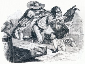 Der Hund, der den Mund seines Herrn am Hals trägt - Fabeln von La Fontaine von Grandville