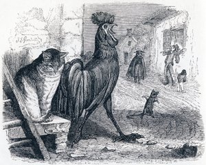 Der Hahn, die Katze und die Maus - Fabeln von La Fontaine von Grandville