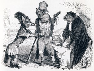 Der Wolf klagt gegen den Fuchs vor dem Affen - Fabeln von La Fontaine von Grandville
