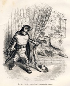 Tiger tritt mit Dolch in der Hand auf die Bühne. Vignetten illustriert von JJ Granville. Gravur signiert Godard im Teil "Le premier feuilleton de Pistolet" geschrieben von Jules Janin in "Scènes de la vie privée et publique des animaux". Paris, J. Hetzel