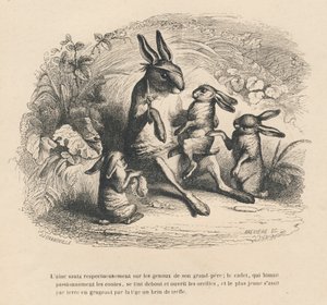 Drei Hasenkinder hören ihrem verletzten Großvater zu, der Geschichten erzählt. Vignetten illustriert von JJ Granville. Gravur signiert von Breviere im Teil "Geschichte eines Hasen" geschrieben von PJ Stahl in "Szenen aus dem privaten und öffentlichen Leben