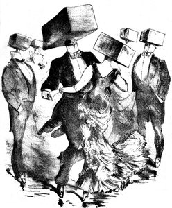 Unsignierte Illustration für die Partitur eines Werkes von Emile Fischer mit dem Titel „Polka des hamteaux“, Ende des 19. - Anfang des 20. Jahrhunderts - diese anonyme Komposition erinnert sowohl an die Erfindungen des Vorläufers Grandville als auch an die von Grandville (1803 47)