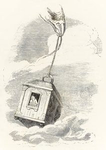 Gulliver entkommt Brobdingnag, als seine Kiste von einem Adler ergriffen und ins Meer fallen gelassen wird, aus Gullivers Reisen von Jonathan Swift von Grandville