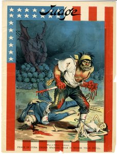 Krieg ist die Hölle - Sherman, Frieden in Kuba unter spanischer Herrschaft ist schlimmer als die Hölle, Illustration aus Judge, 30. April 1898 von Grant E. Hamilton