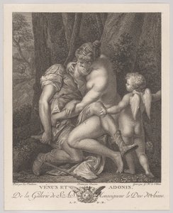 Venus trauert um Adonis, sitzt unter einem Baum und umarmt ihn, mit Amor rechts, ca. 1786 von Gérard René Le Vilain