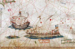 Detail von hohen Mastschiffen aus der Nautischen Karte von Grazioso Benincasa, in der Universitätsbibliothek von Bologna von Grazioso Benincasa