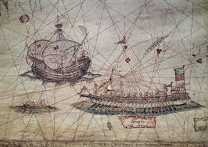 Galeere und portugiesische Karavelle, Detail (Nautische Karte des Mittelmeers) von Grazioso Benincasa