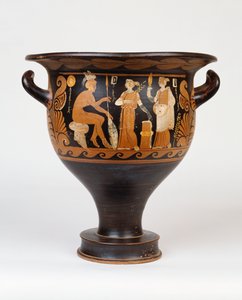 Ein kampanischer Glockenkrater des Ca-Malers, der einen sitzenden Krieger und zwei Frauen darstellt, 4. Jahrhundert v. Chr. von Greek