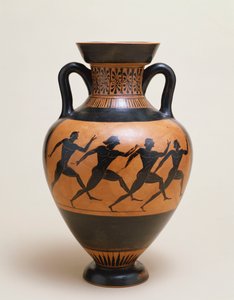 Eine attische schwarzfigurige Amphore panathenaischer Form mit vier nackten Athleten, die nach rechts sprinten, 5. Jahrhundert v. Chr.