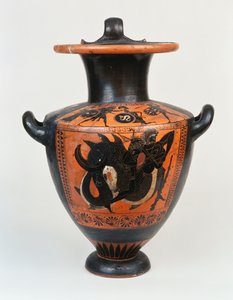 Eine attische schwarzfigurige Hydria, die Athena und Herakles im Kampf darstellt, und darunter Herakles im Kampf mit Nereos, ca. 520 v. Chr. von Greek