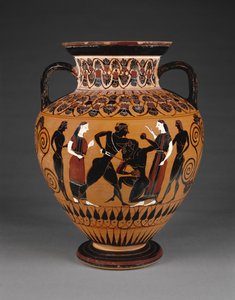 Attische schwarzfigurige Halsamphore mit Theseus, der den Minotaurus tötet, ca. 550 v. Chr. (Terrakotta)
