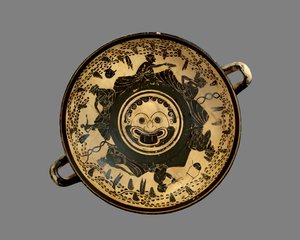 Attische schwarzfigurige Schale, dekoriert mit einem Gorgonen-Kopf-Tondo, umgeben von sechs liegenden Männern, die an einem Symposium teilnehmen, im Stil des Andokides-Malers, ca. 500 v. Chr. (Keramik) von Greek