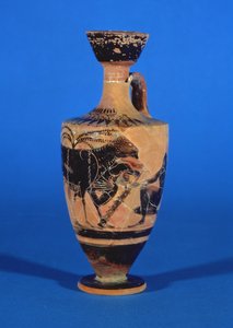 Attische schwarzfigurige Lekythos, die Odysseus zeigt, wie er dem Zyklopen entkommt, ca. 530 v. Chr. von Greek