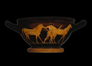 Attisch rotfiguriger Skyphos, Herakles und die Pferde des Diomedes darstellend