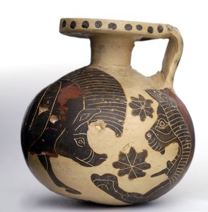 Korinthische schwarzfigurige kugelförmige Aryballos, die Tiere darstellt, Mittlere Korinthische Periode (600-575 v. Chr.)