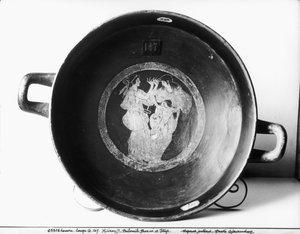 Detail einer attischen rotfigurigen Kylix, die Philomela, Procne und Itys darstellt