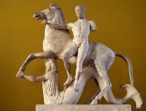 Dioskuren und Pferd unterstützt von einem Triton, Parischer Marmor, skulpturale Dekoration von der Westfassade des Tempels im Marasa-Distrikt, Lokri, Kalabrien, Italien, Griechische Zivilisation, 5.-4. Jahrhundert v. Chr. von Greek