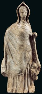 Figur einer Frau, die einen Chiton und einen Himation trägt, möglicherweise aus Myrina, Kleinasien, 250-200 v. Chr. von Greek