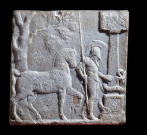 Griechische Kunst: Marmorstele mit Reiter und Pferd (Detail) von Greek