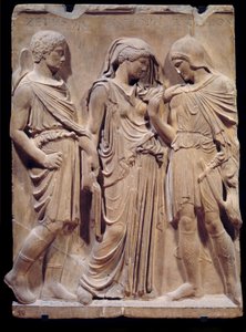 Griechische Antike: der Abschied von Orpheus von Eurydike, die Hermes zurück in die Unterwelt bringt. Die Inschrift mit den Namen Zethus, Antiope und Amphion stammt aus der Renaissance. Niedriges Marmorrelief. 480-323 v. Chr. von Greek