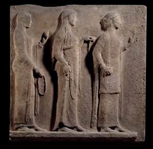 Griechische Kunst: Platte des Durchgangs der Theores: Gesicht, das die Grazien darstellt (Marmorrelief) von Greek