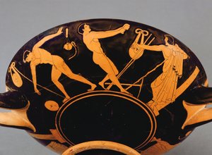 Kylix-Schale mit Darstellung von Athleten und Symposiasten, ca. 480 v. Chr.