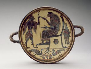 Lakonsiche Kylix-Schale mit Darstellung von Zeus und Hermes, ca. 550-530 v. Chr. von Greek