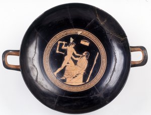 Malerei auf Schale: Darstellung von Herakles, der einen Stuhl schwingt, um seinen Musiklehrer zu schlagen, 470 v. Chr. BNF, Medaillenamt von Greek