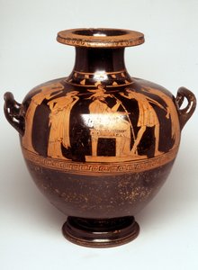 Malerei auf Vase: Darstellung von Jupiter (Zeus) in der Mitte. Über ihrem Kopf erscheint Athena, vollständig bewaffnet (Geburt der Athena). Gegenüber von Zeus steht Hephaistos. 470 v. Chr. BNF, Münzkabinett. von Greek
