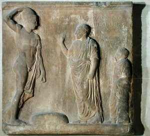 Relieftafel, die eine Zeremonie der Anrufung des Theseus darstellt von Greek