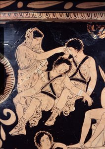 Attisch rotfiguriger Krater, der Orestes als Bittsteller am Schrein des Apollo in Delphi darstellt, zugeschrieben dem apulischen Eumenides-Maler, um 380 v. Chr. (Detail) von Greek School