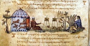 Lockvögel - in „De venatione“ von Oppianus, griechisches Manuskript des 13. Jahrhunderts. Biblioteca Marciana. Venedig