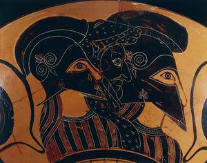 Detail einer griechischen schwarzfigurigen Vase, die drei Krieger mit Helmen darstellt von Greek School