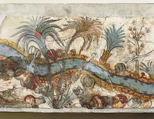Fresko, das eine Flusslandschaft darstellt, aus Akrotiri, Thera-Insel, Santorini, Griechenland (Detail)