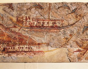 Fresko, das eine Schiffsprozession darstellt, aus Akrotiri, Thera-Insel, Santorini, Griechenland (Detail)
