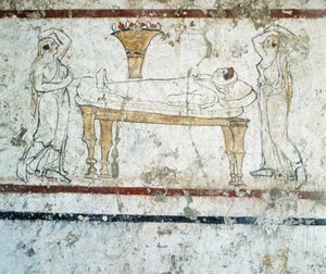 Gaudo-Nekropole, lukanisches Fresko, das die Verstorbene auf ihrem Sterbebett darstellt, 340 v. Chr. von Greek School