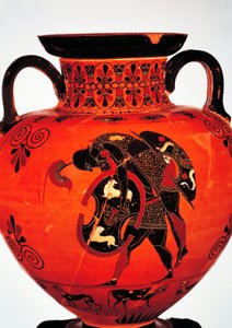 Griechische Zivilisation, 6. Jahrhundert v. Chr. Schwarzfigurige Keramik. Amphore, die Ajax zeigt, wie er den Körper von Achilles trägt. von Greek School
