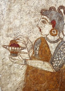 Griechische Zivilisation, Fresko, das eine Priesterin zeigt, die Weihrauch verbrennt, aus Akrotiri, Thera-Insel, Santorin, Griechenland