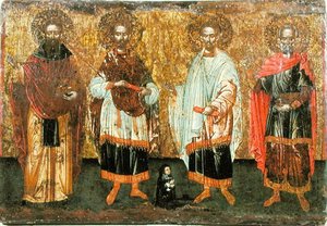 Ikone, die die Heiligen Cosmas und Damian darstellt