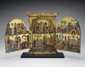 Auferweckung des Lazarus; Einzug in Jerusalem; Kreuzigung; Abstieg Christi in die Hölle (Mittelteil), zweite Hälfte des 16. Jahrhunderts von Greek School